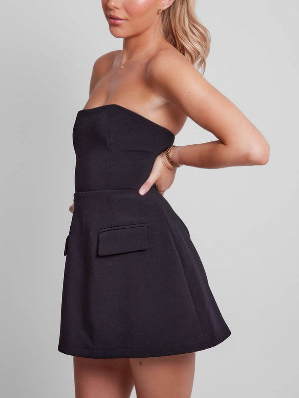 Women’s Strapless A-Line Mini Dress with Structured Silhouette and Pocket Detail
