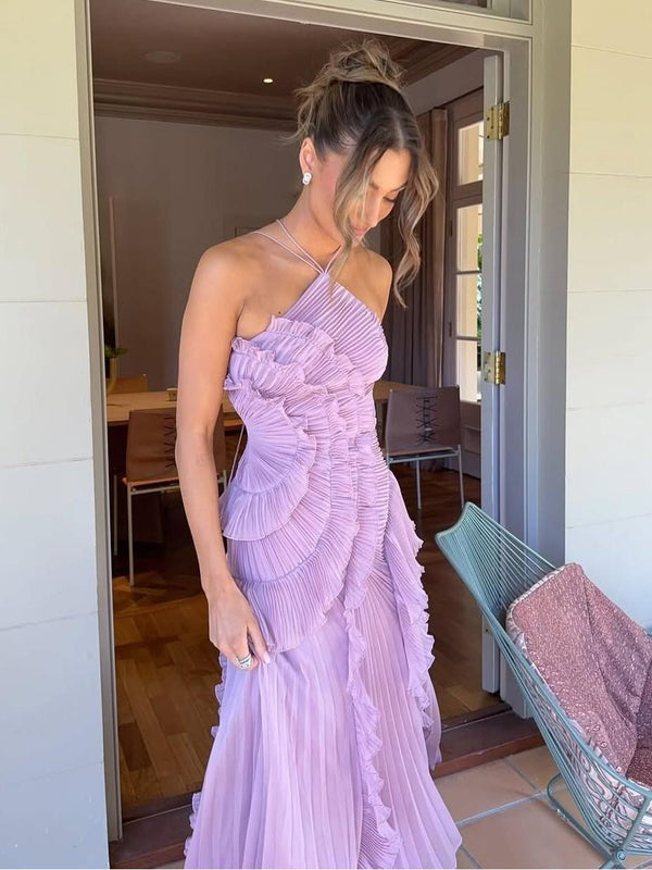 Women’s One-Shoulder Ruffle Maxi Dress with Asymmetrical Hem