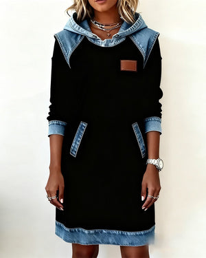 Women's Denim Midi Dress with Hood and Pockets