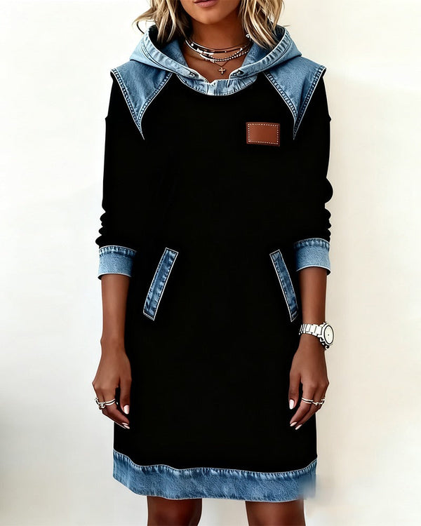 Women's Denim Midi Dress with Hood and Pockets