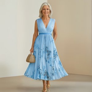 Women's Floral Print Sleeveless Midi Dress with Deep V-Neck