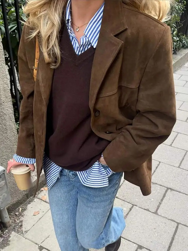 Stylish Brown Suede Oversized Trench Coat with Wide Lapel for Autumn/Winter