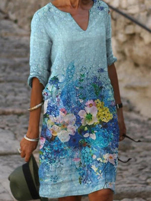 Women’s 3/4 Sleeve Floral Print V-Neck Midi Dress