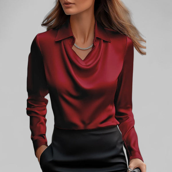 Draped Neck Satin Blouse with Long Sleeves
