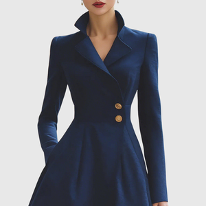 Women's Tailored Collar Midi Dress with Gold Buttons