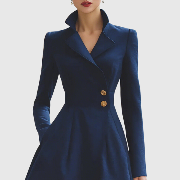 Women's Tailored Collar Midi Dress with Gold Buttons