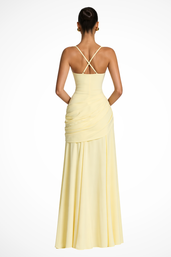 Women's Square Neck Ruched Maxi Dress with Side Slit