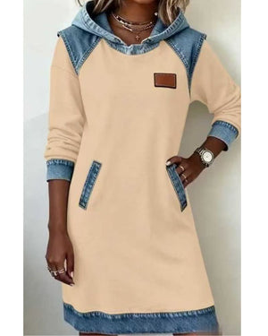 Women's Denim Midi Dress with Hood and Pockets