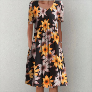 Women's Floral Print Midi Dress with Short Sleeves and Flowy Silhouette