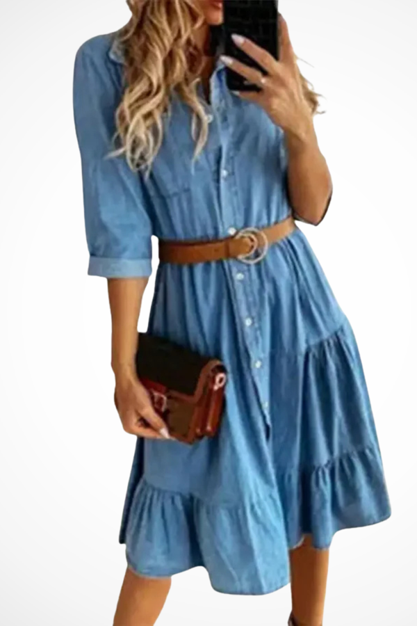 Women’s Denim Button-Front Tiered Midi Dress