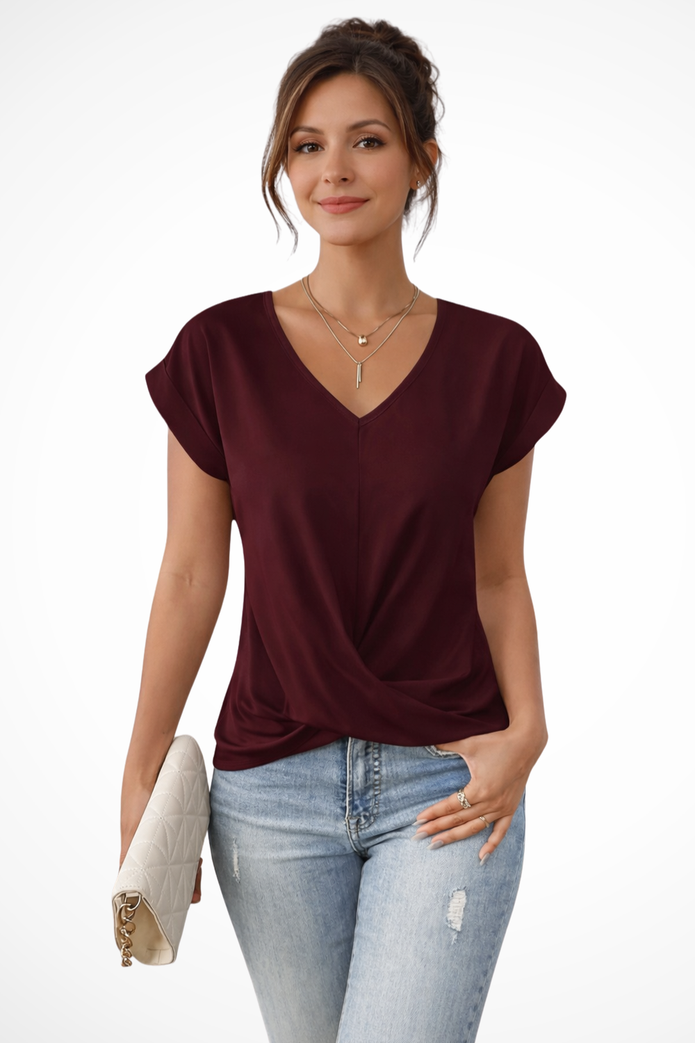 Blusa de mujer con escote en V, mangas cortas y corte relajado