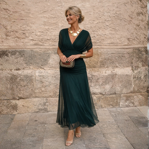 Vestido largo cruzado de tul de mujer con mangas transparentes