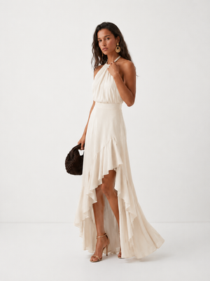 Women's Halter Midi Dress with Asymmetric Ruffle Hem