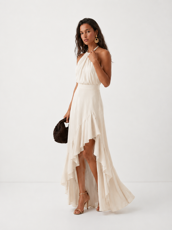 Women's Halter Midi Dress with Asymmetric Ruffle Hem