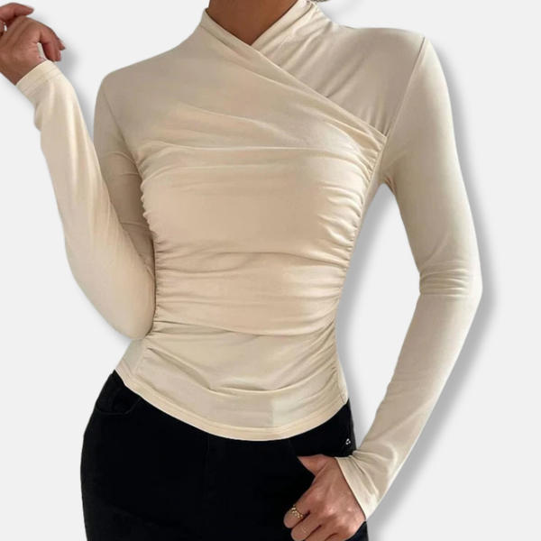 Women’s Asymmetric Ruched High-Neck Long Sleeve Top