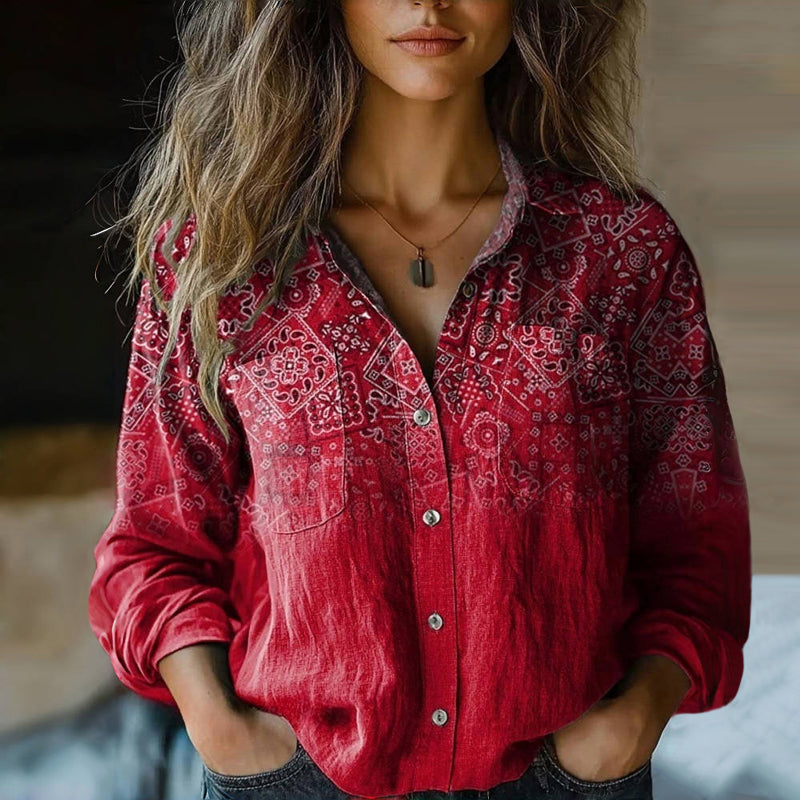 Women’s Vintage Boho Print Button-Up Blouse