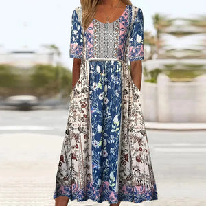 Women’s Boho Vintage Print Floral Midi Dress