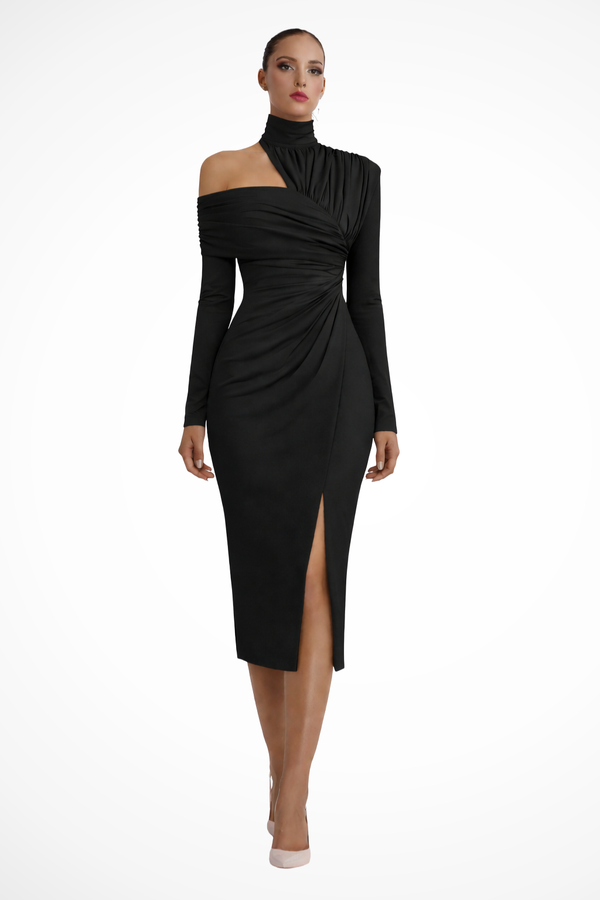 Women’s One-Shoulder Ruched Midi Dress with Elegant Side Slit