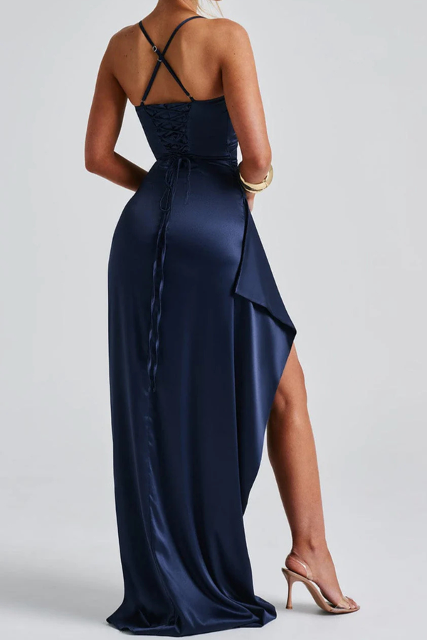 Women's Satin Ruched Maxi Dress High Slit Wedding Guest