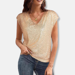 Sparkly Sequin V-Neck Top Relaxed Fit Cap Sleeve