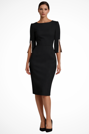 Vestido midi lápiz elegante para mujer con manga de perlas