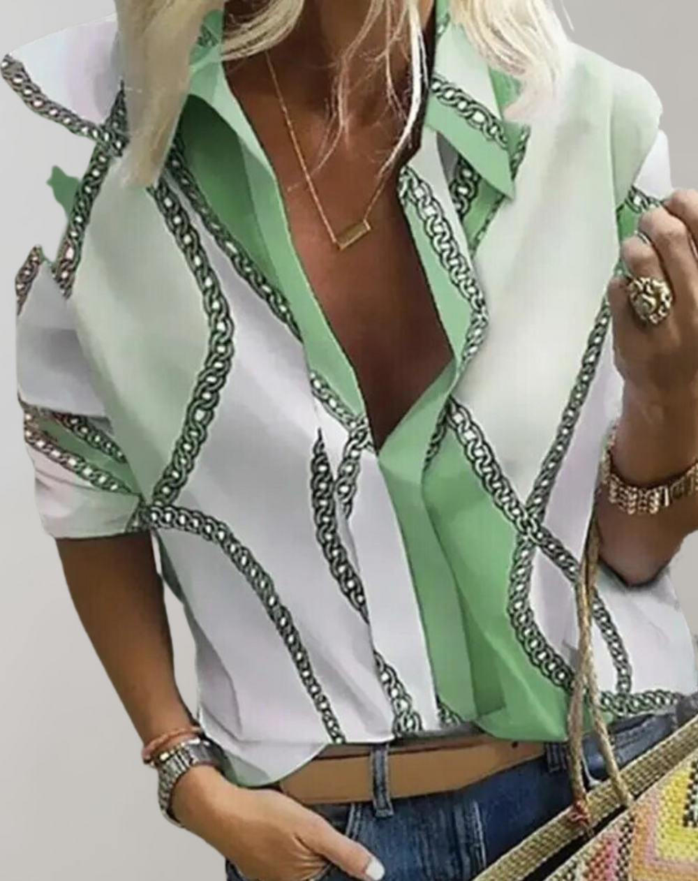 Women's Geometric Chain Print Button-Up Blouse