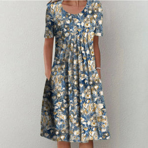 Women's Floral Print Midi Dress with Short Sleeves and Flowy Silhouette