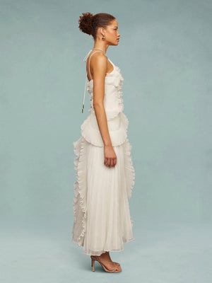 Women’s One-Shoulder Ruffle Maxi Dress with Asymmetrical Hem