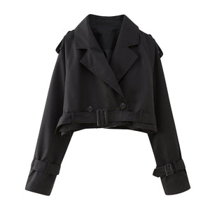 Women's Cropped Double-Breasted Trench Coat with Belted Cuffs