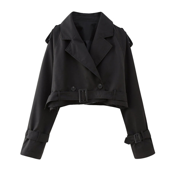 Women's Cropped Double-Breasted Trench Coat with Belted Cuffs
