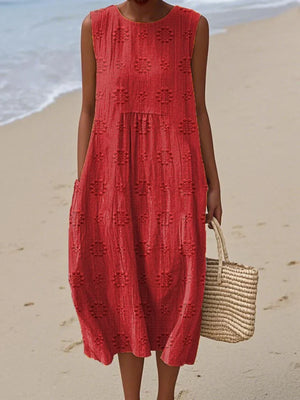 Women's Sleeveless Embroidered Midi Dress with Pockets