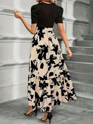 Women’s Floral Print Maxi Dress with Contrast Knit Bodice