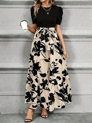Women’s Floral Print Maxi Dress with Contrast Knit Bodice
