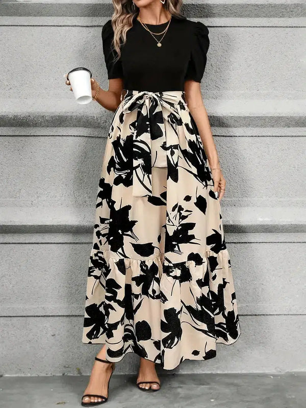 Women’s Floral Print Maxi Dress with Contrast Knit Bodice