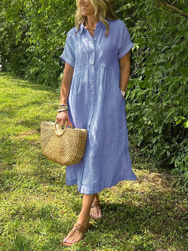 Women's Striped Button-Front Midi Dress with Relaxed Fit