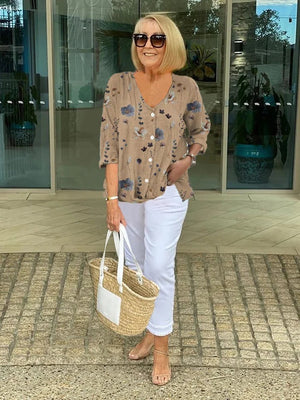 Women's Floral Print V-Neck Blouse with 3/4 Sleeves