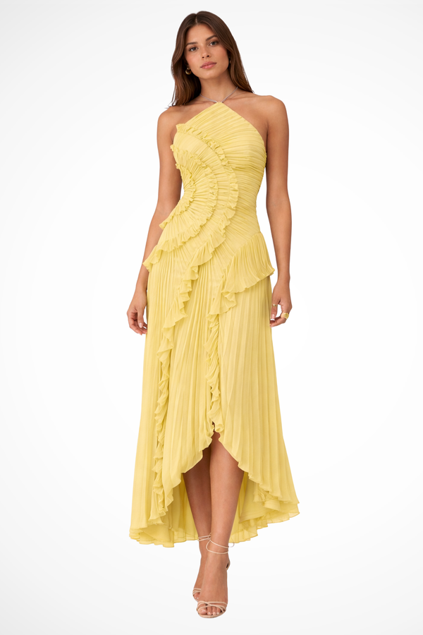 Women's One-Shoulder Ruffle Midi Dress with Asymmetrical Hem