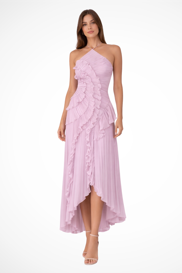 Women's One-Shoulder Ruffle Midi Dress with Asymmetrical Hem