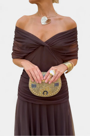 Vestido largo de noche plisado para mujer con hombros descubiertos y drapeado