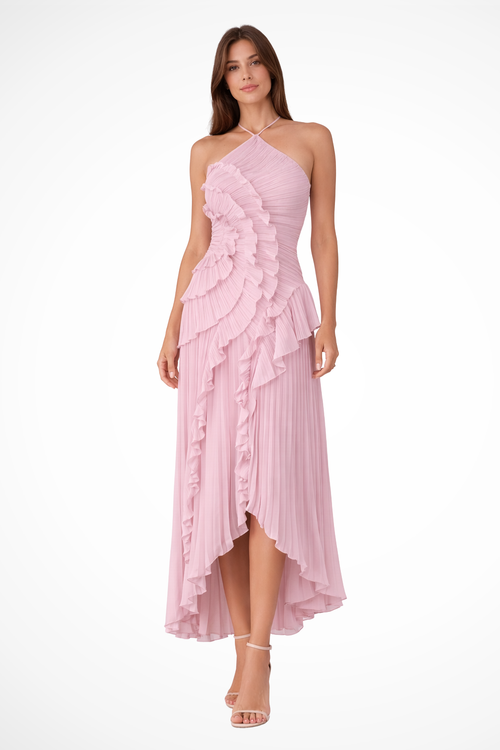 Women's One-Shoulder Ruffle Midi Dress with Asymmetrical Hem