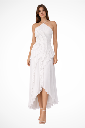 Women's One-Shoulder Ruffle Midi Dress with Asymmetrical Hem
