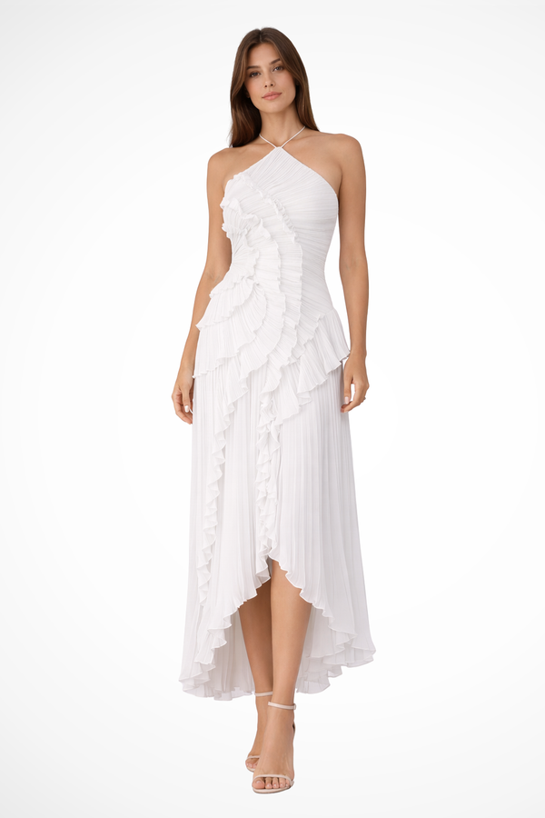 Women's One-Shoulder Ruffle Midi Dress with Asymmetrical Hem