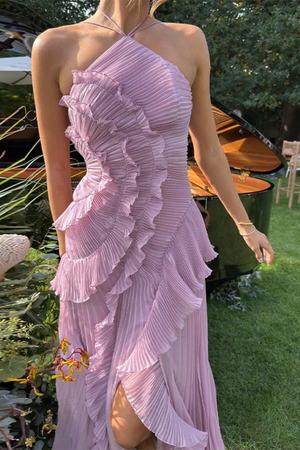 Women's One-Shoulder Ruffle Midi Dress with Asymmetrical Hem