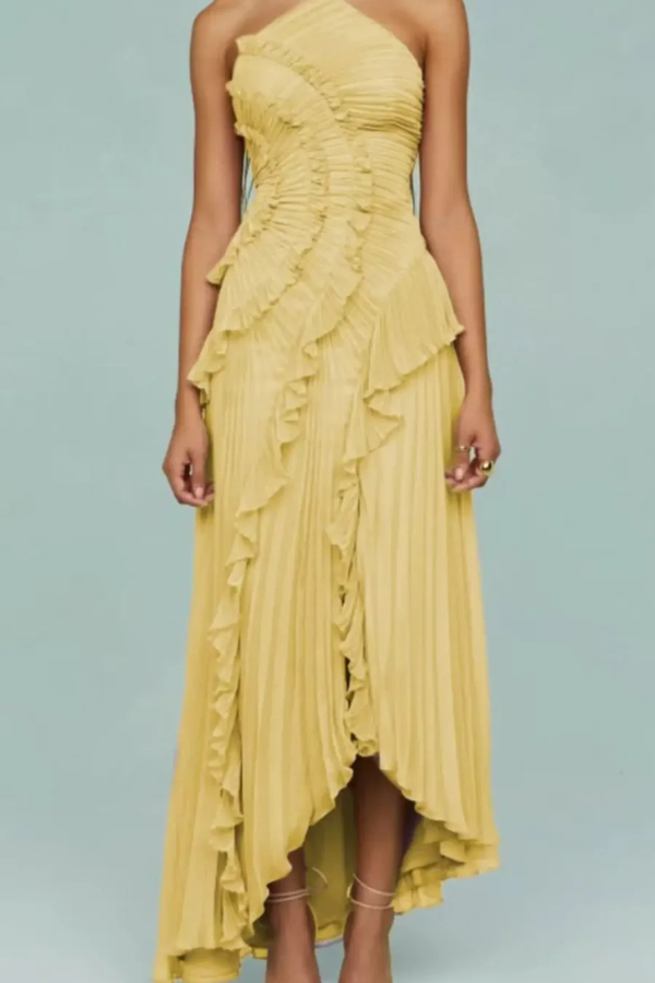 Women's One-Shoulder Ruffle Midi Dress with Asymmetrical Hem
