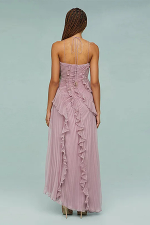 Women's One-Shoulder Ruffle Midi Dress with Asymmetrical Hem
