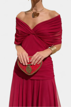 Vestido largo de noche plisado para mujer con hombros descubiertos y drapeado