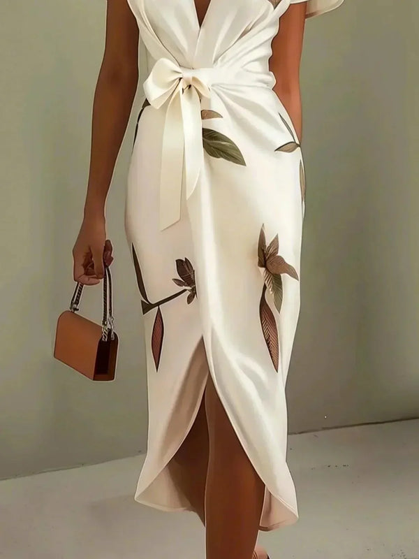 Vestido midi cruzado de mujer con mangas acampanadas