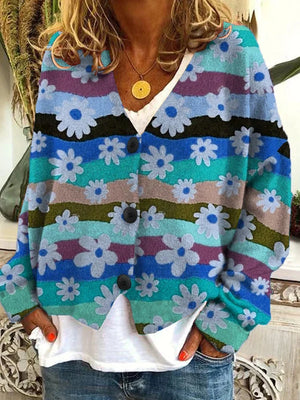 Women's Floral Color Block V-Neck Knit Sweater