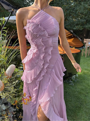 Women’s One-Shoulder Ruffle Maxi Dress with Asymmetrical Hem