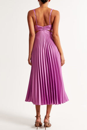 Women's V Neck Cut Out Waist Pleated Maxi Dress